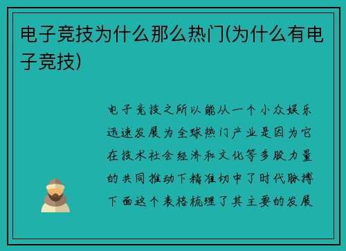 电子竞技为什么那么热门(为什么有电子竞技)